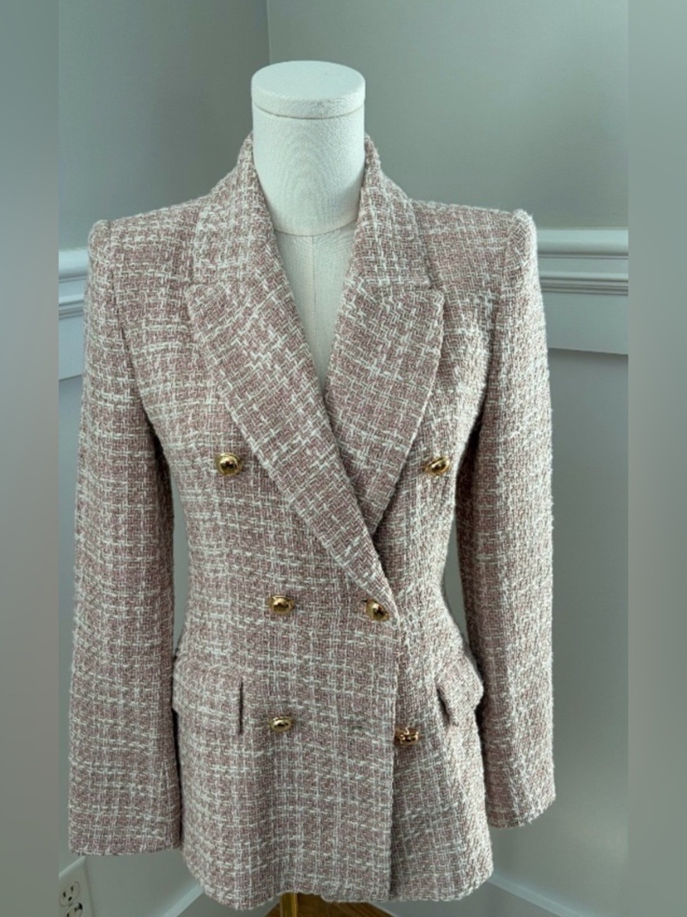 ZARA Tweed Blazer Jacket
Pink & Cream | Double
Breasted Gold Buttons Size S NEW